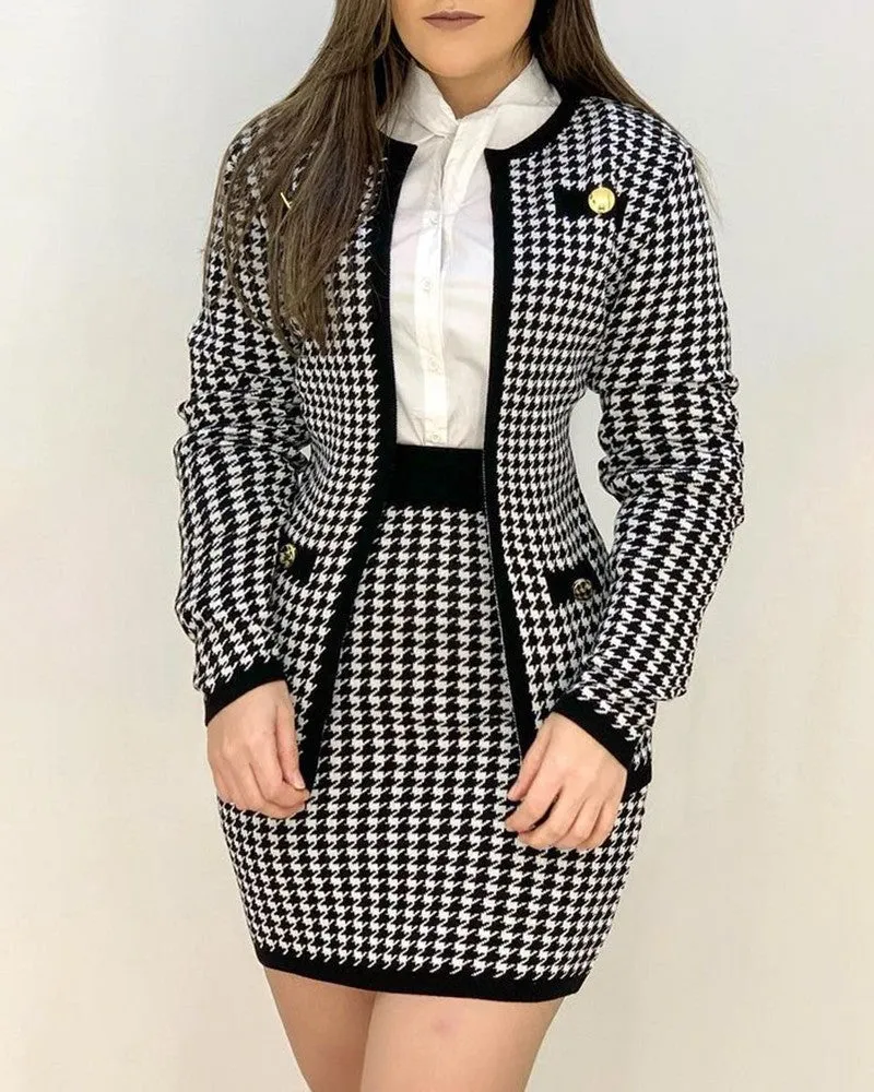 Houndstooth Print Buttoned Coat & Skirt Set