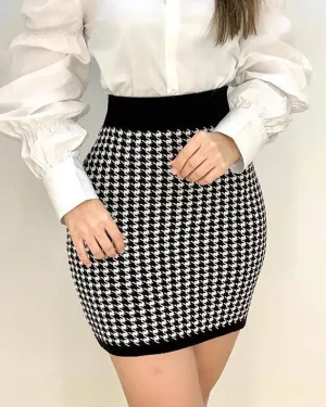 Houndstooth Print Buttoned Coat & Skirt Set