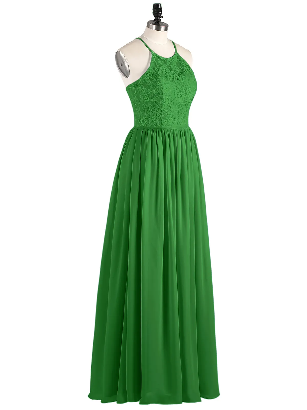 Illusion Neck Lace and Chiffon Maxi Gowns-Green