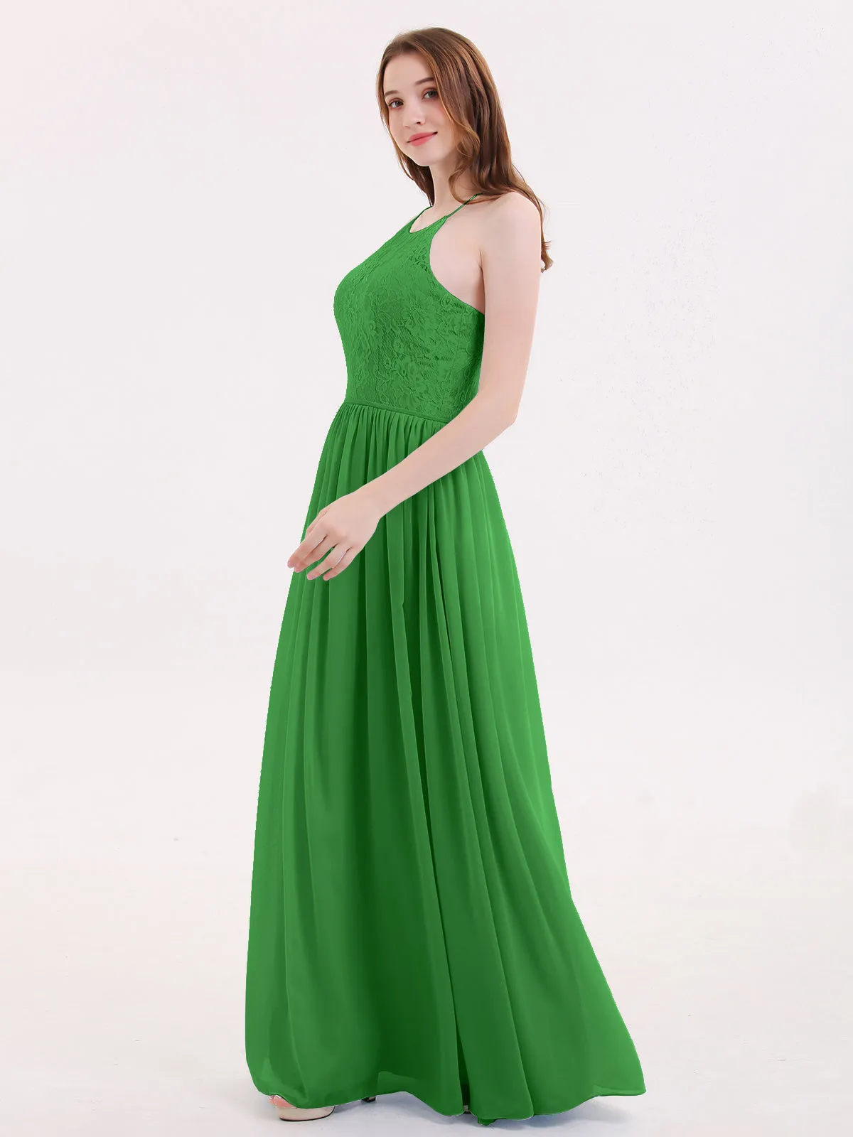 Illusion Neck Lace and Chiffon Maxi Gowns-Green