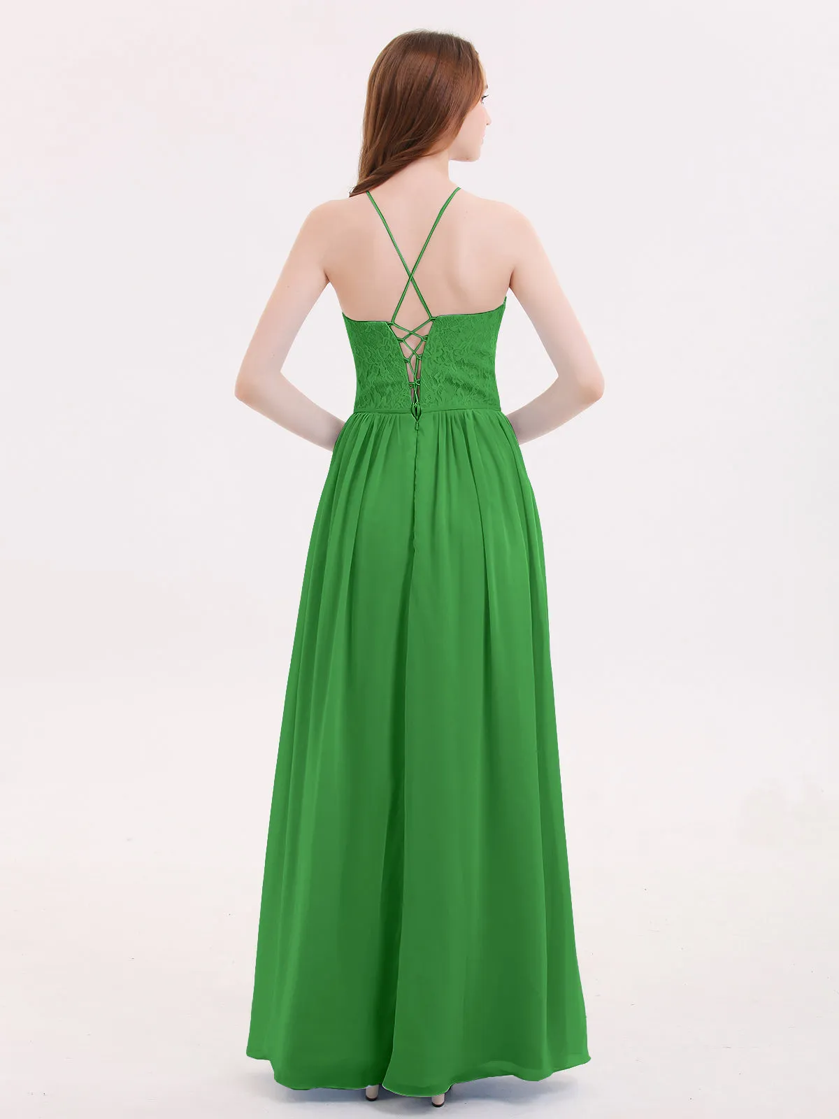 Illusion Neck Lace and Chiffon Maxi Gowns-Green
