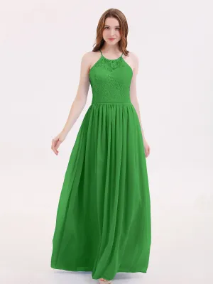 Illusion Neck Lace and Chiffon Maxi Gowns-Green