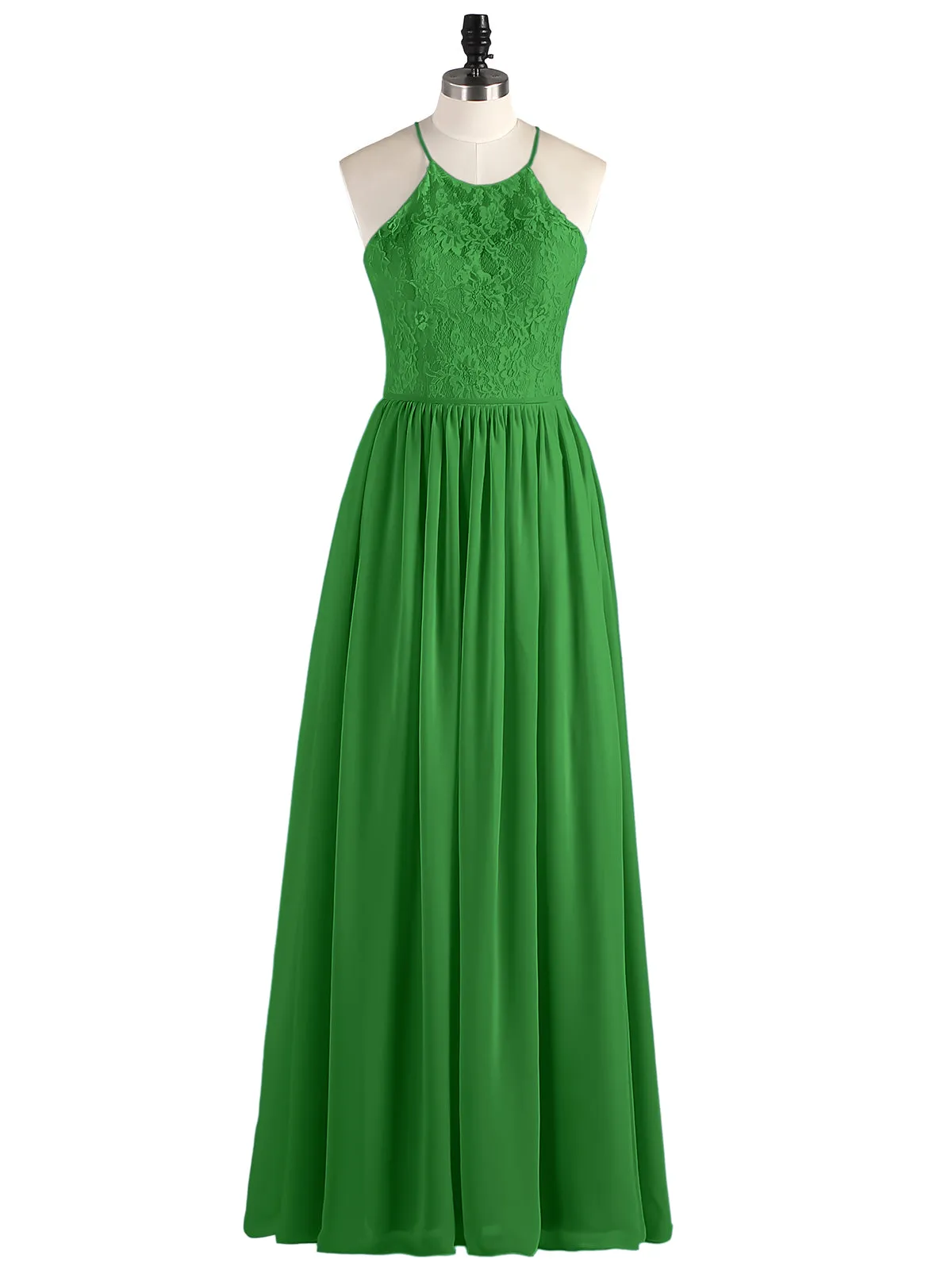 Illusion Neck Lace and Chiffon Maxi Gowns-Green
