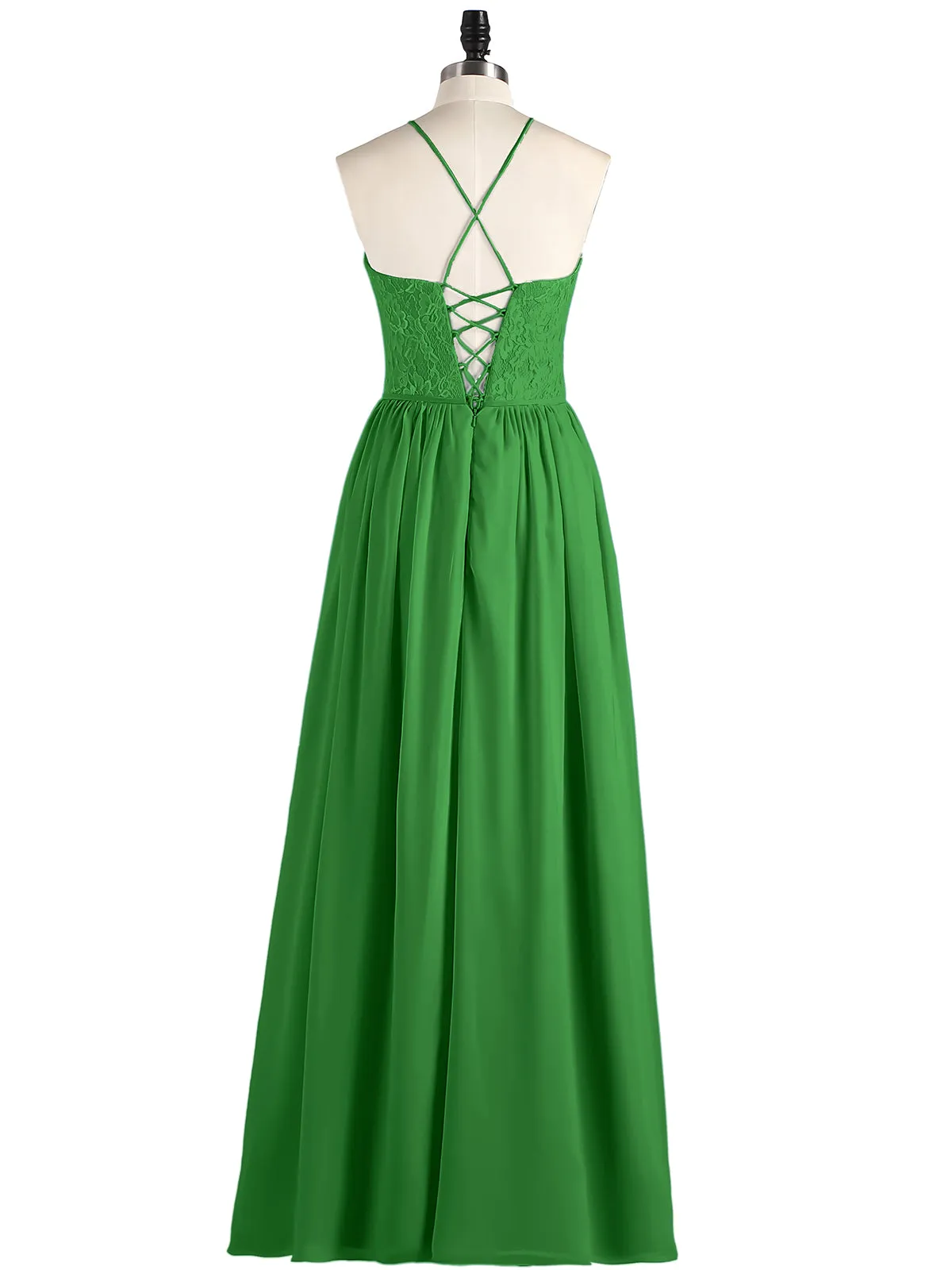 Illusion Neck Lace and Chiffon Maxi Gowns-Green