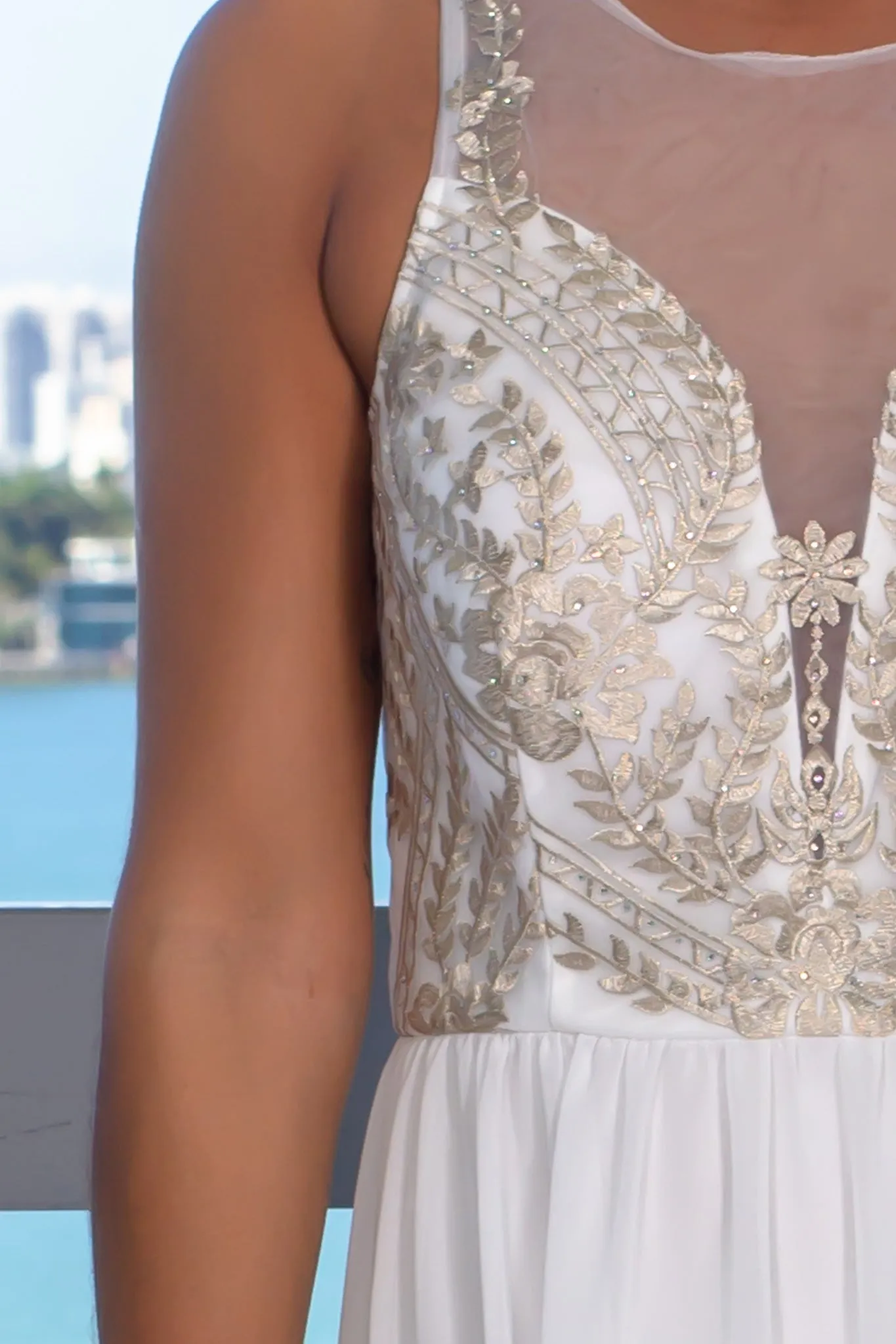 Ivory Mesh Top Maxi Dress with Slit