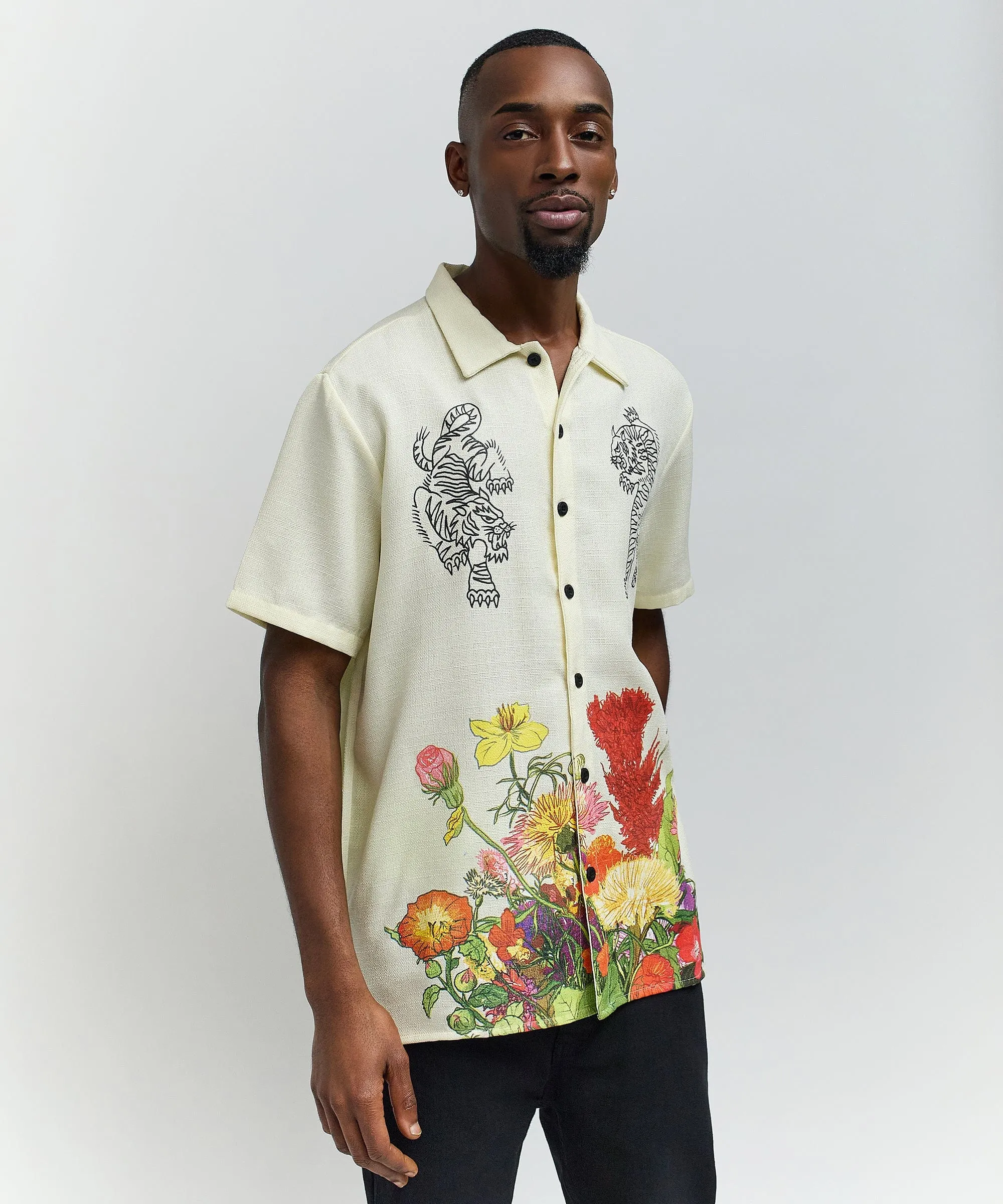 Kamikaze Linen Texture Button Down Short Sleeve Shirt - Tan