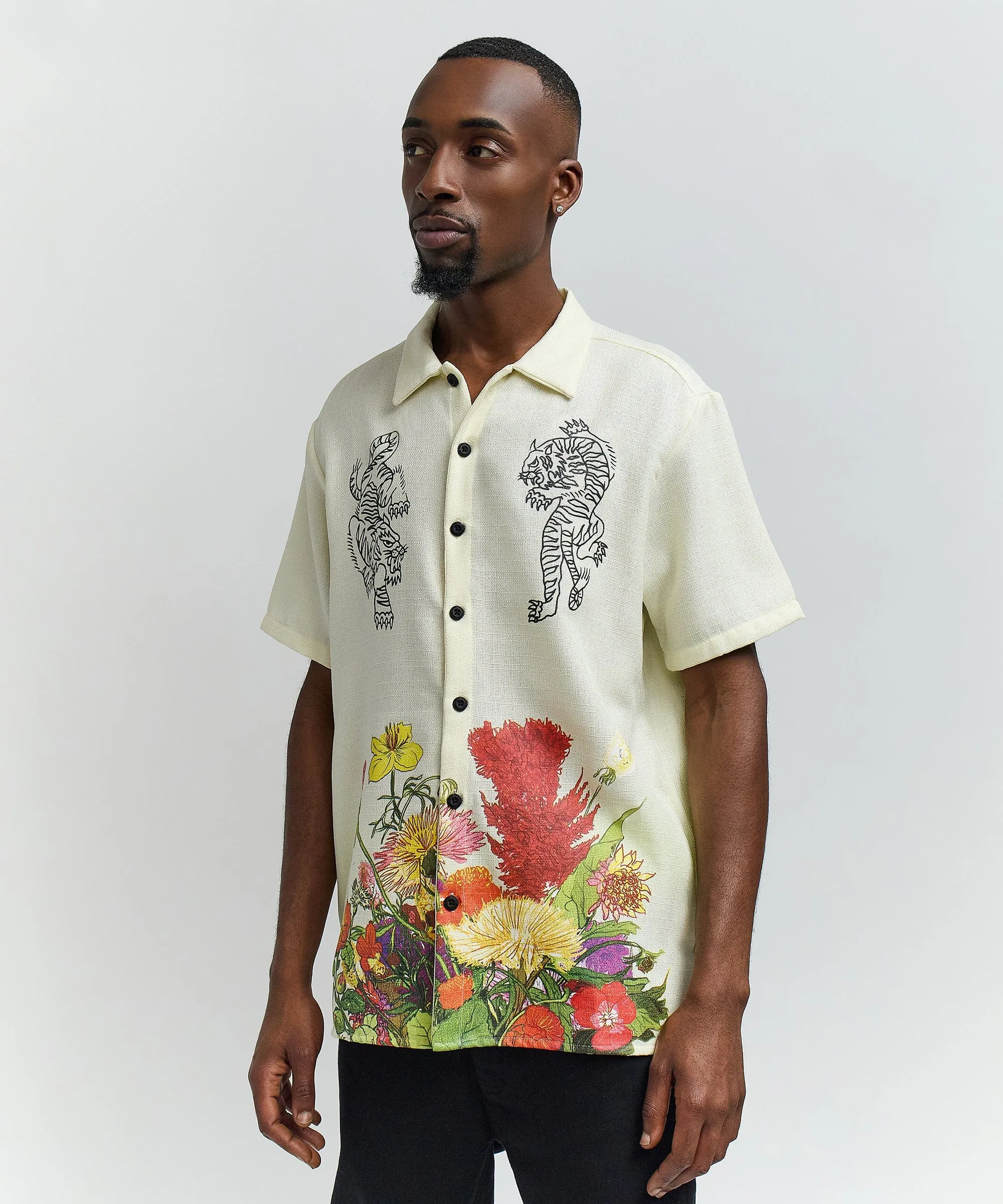 Kamikaze Linen Texture Button Down Short Sleeve Shirt - Tan