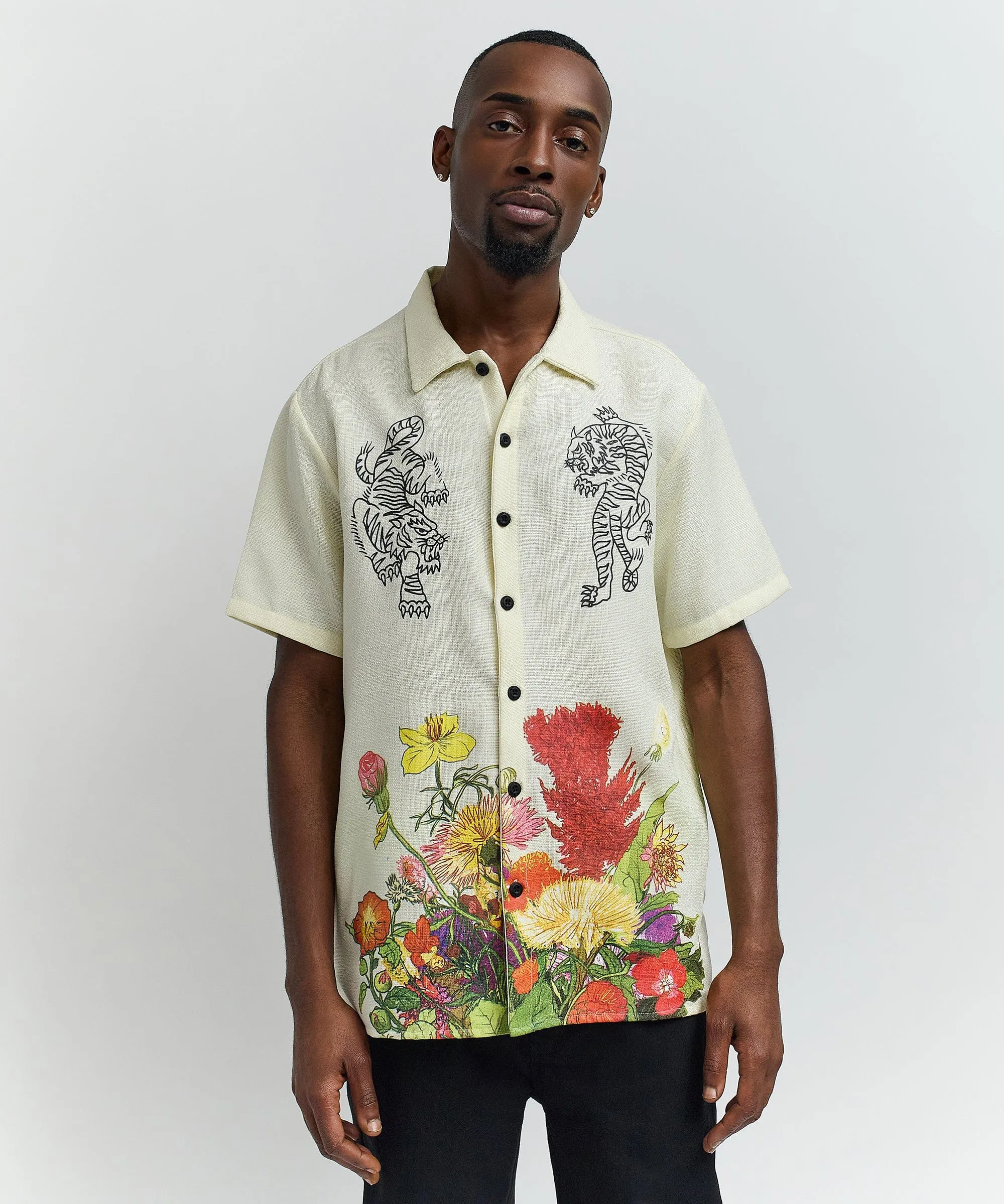 Kamikaze Linen Texture Button Down Short Sleeve Shirt - Tan