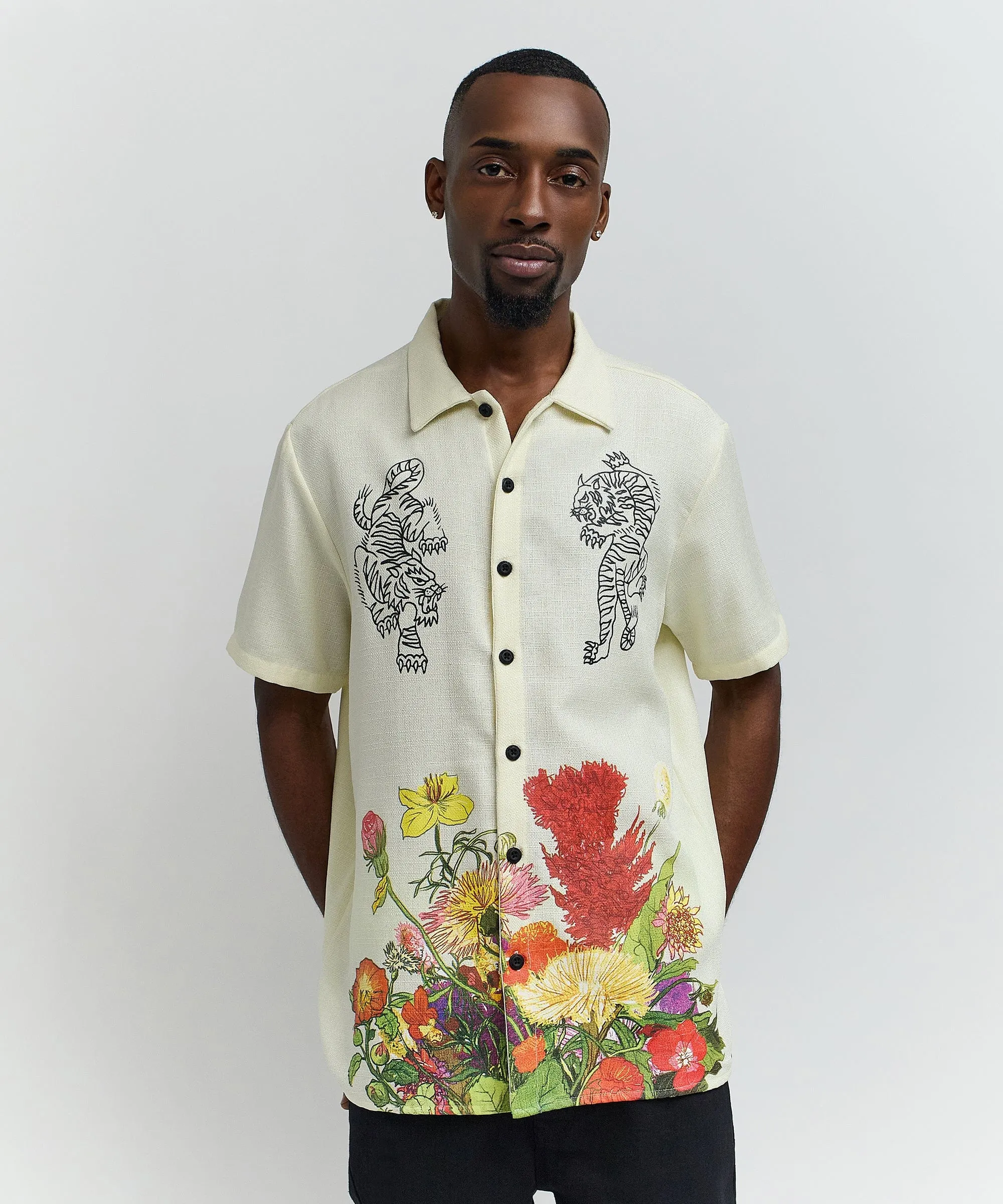 Kamikaze Linen Texture Button Down Short Sleeve Shirt - Tan