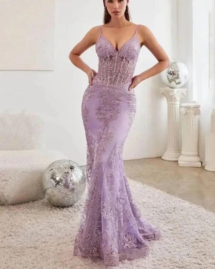Lace Embroidery Fishtail Mermaid Sequin Prom Dress