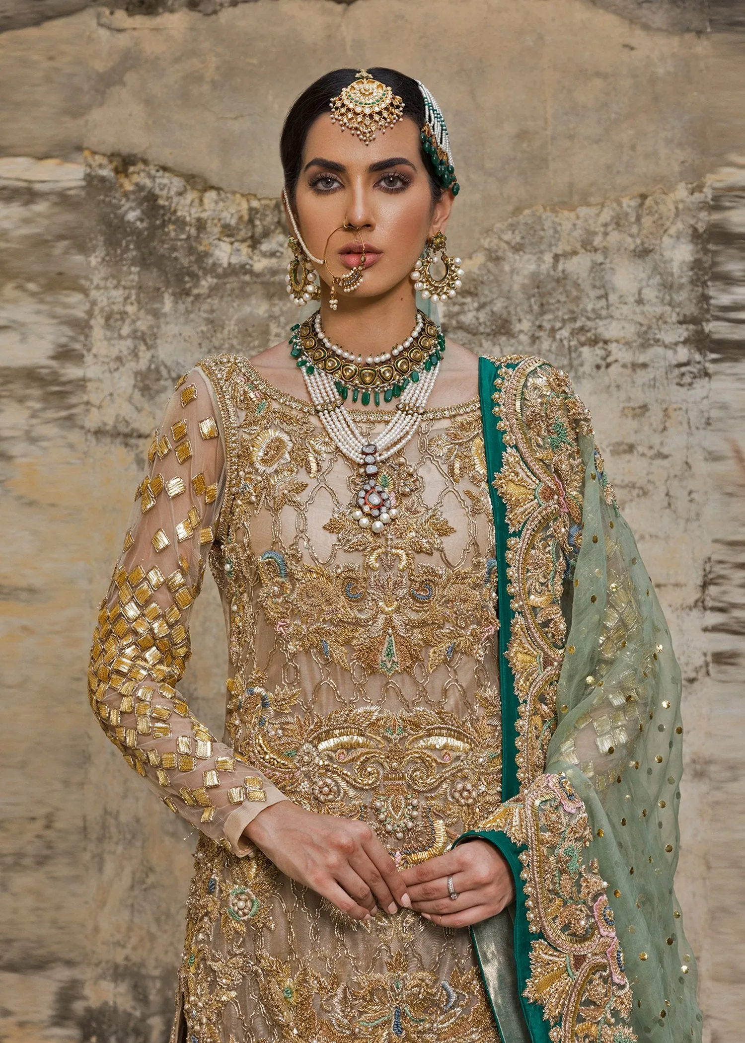 Latest embroidered gharara dress for wedding in copper gold color # B3397
