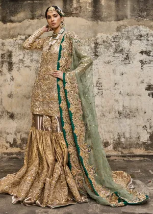 Latest embroidered gharara dress for wedding in copper gold color # B3397