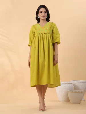 Lime Green Dobby Cotton Pleated Dress
