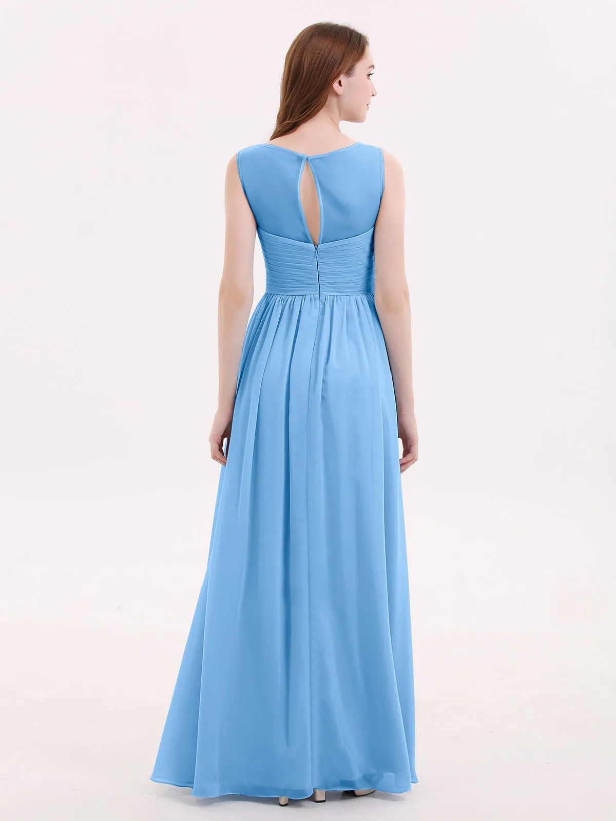 Long Chiffon Gowns with Illusion Neckline-Blue