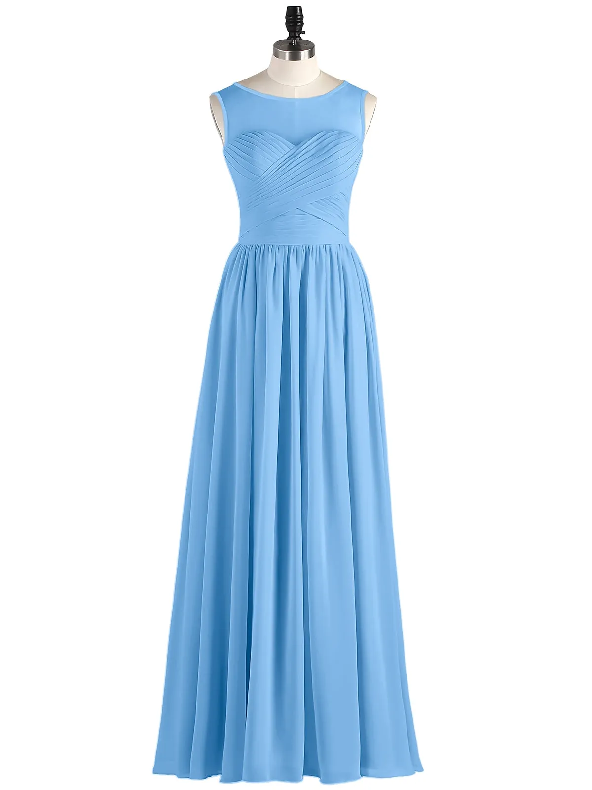 Long Chiffon Gowns with Illusion Neckline-Blue