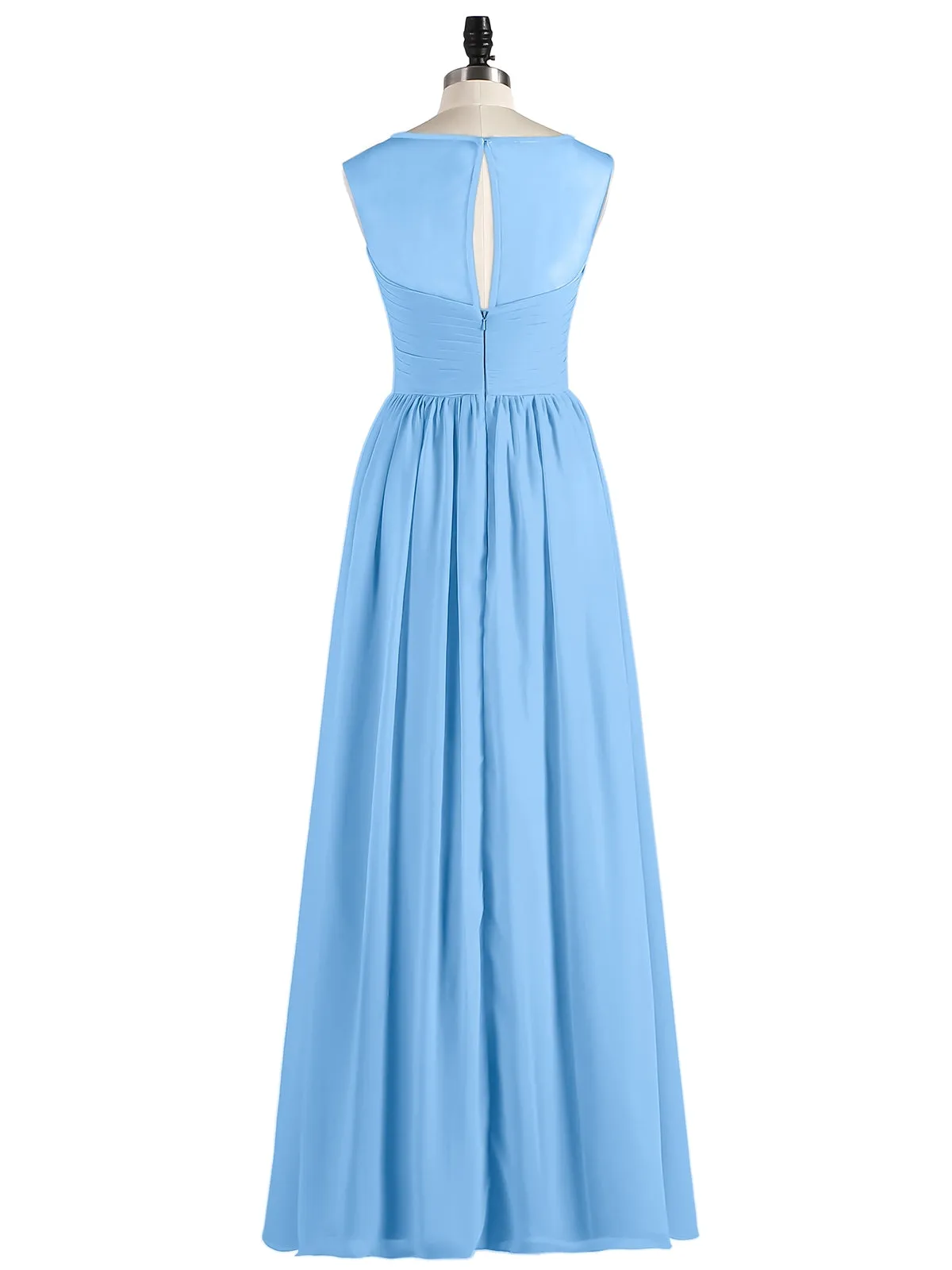 Long Chiffon Gowns with Illusion Neckline-Blue