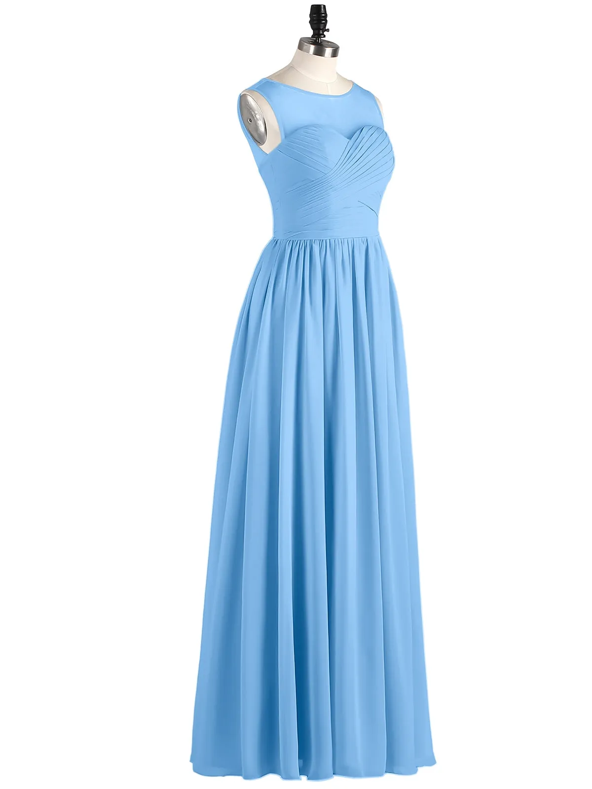 Long Chiffon Gowns with Illusion Neckline-Blue