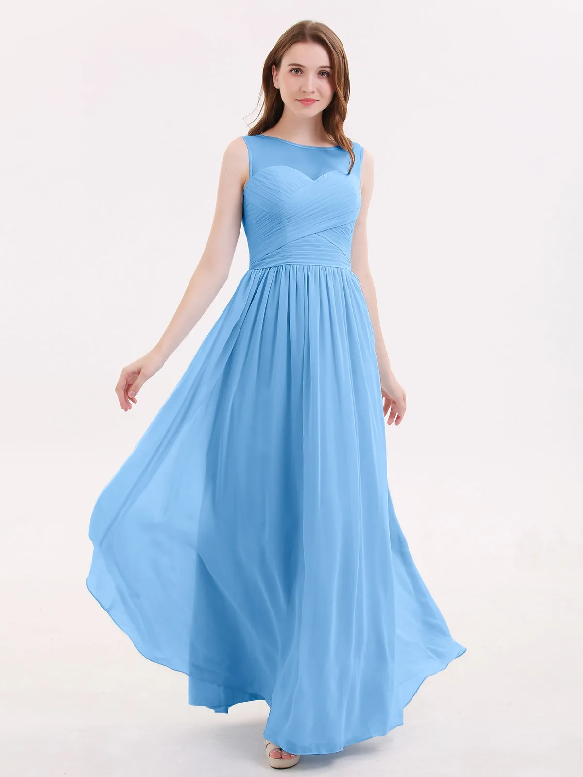 Long Chiffon Gowns with Illusion Neckline-Blue