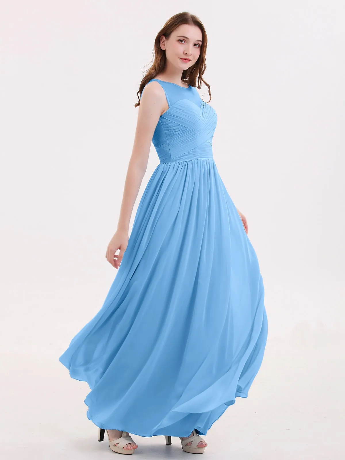 Long Chiffon Gowns with Illusion Neckline-Blue
