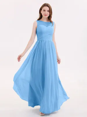 Long Chiffon Gowns with Illusion Neckline-Blue