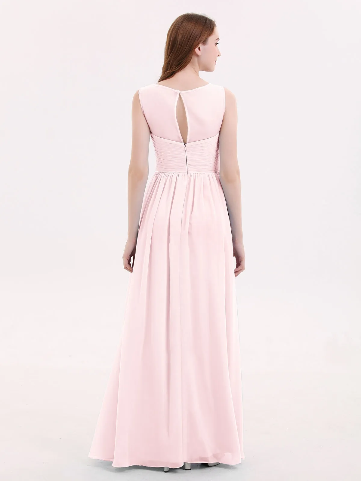 Long Chiffon Gowns with Illusion Neckline-Blushing Pink