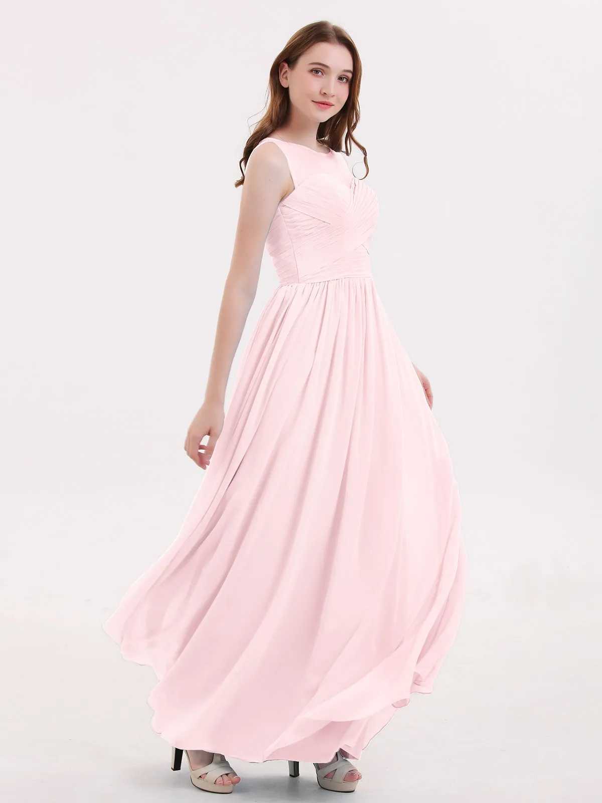 Long Chiffon Gowns with Illusion Neckline-Blushing Pink