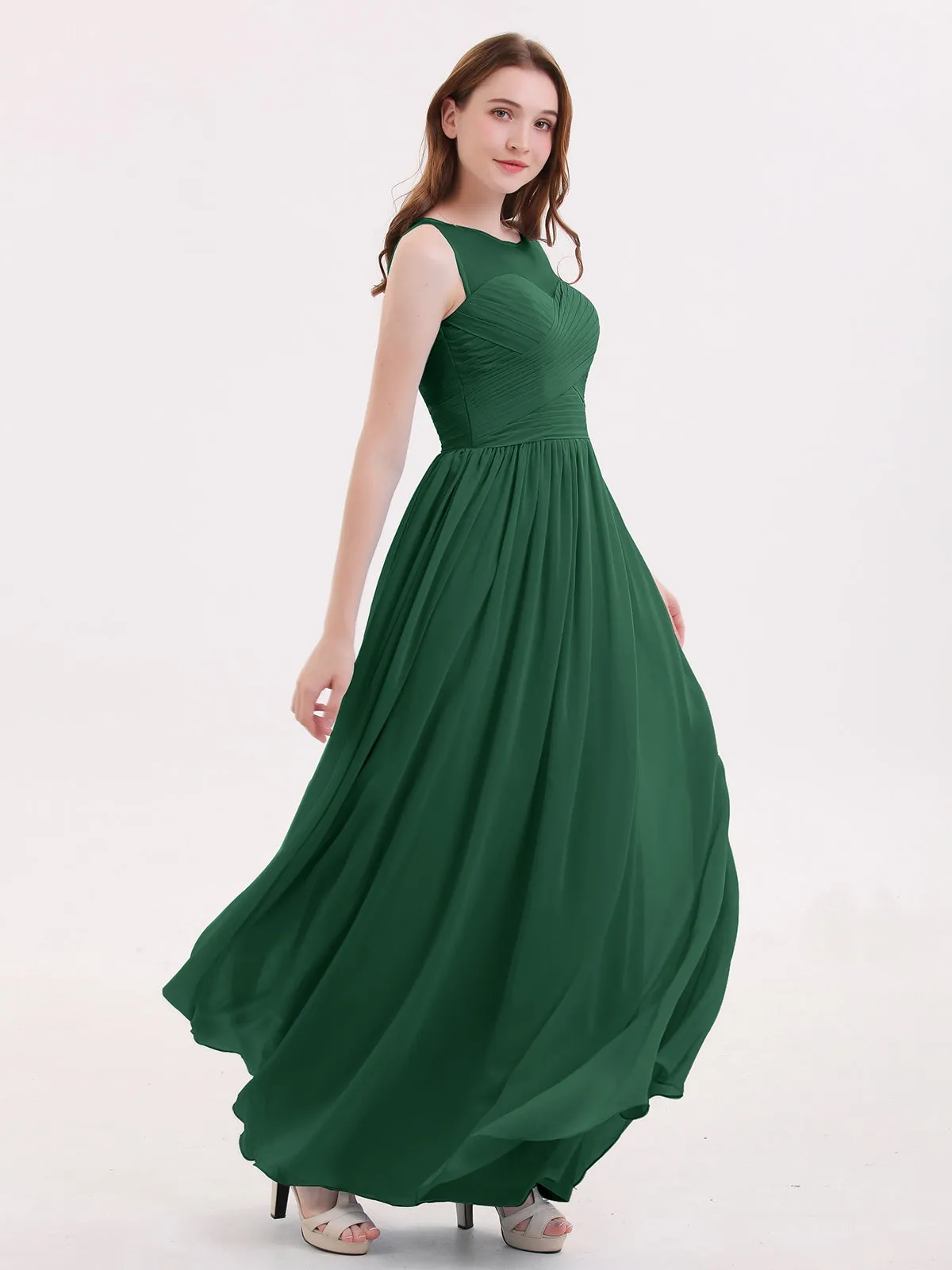 Long Chiffon Gowns with Illusion Neckline-Dark Green