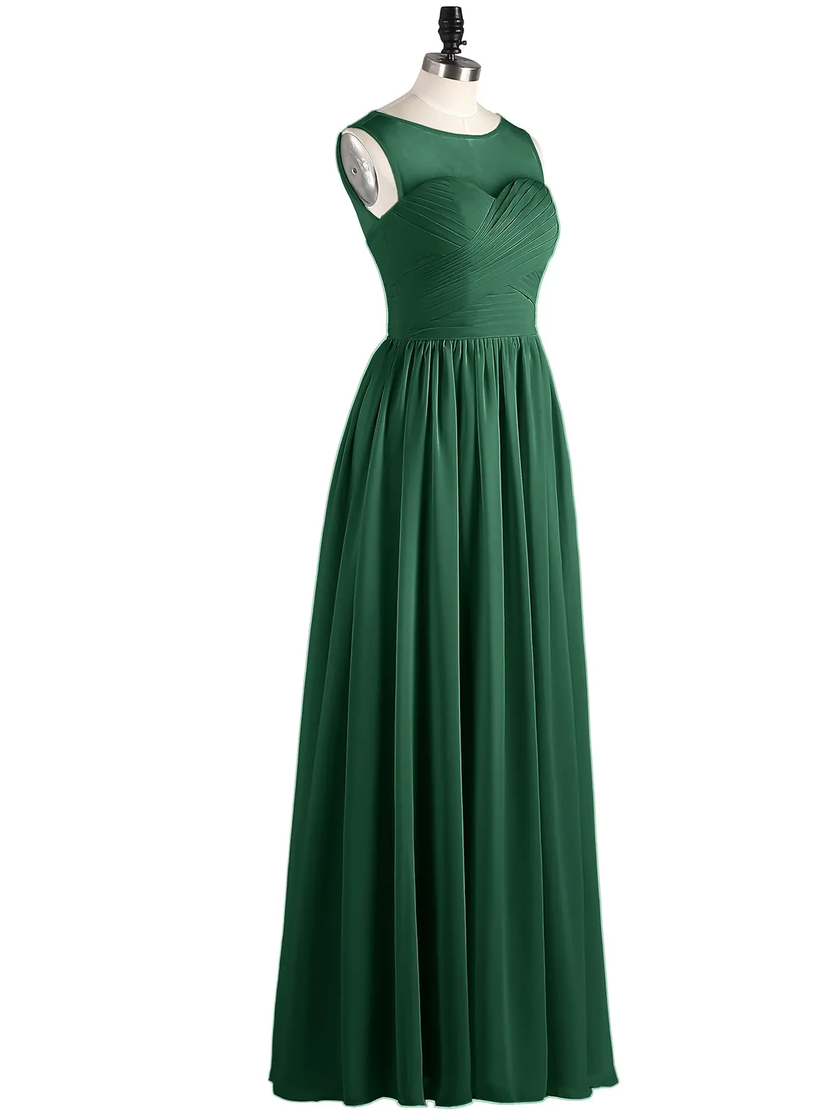 Long Chiffon Gowns with Illusion Neckline-Dark Green