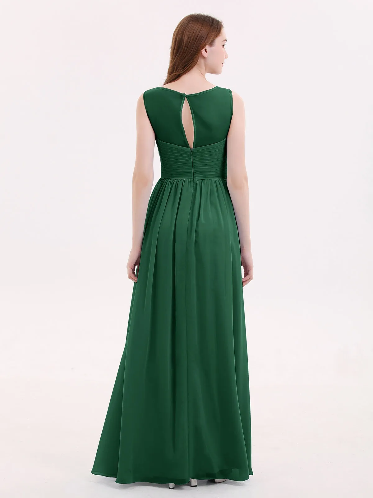 Long Chiffon Gowns with Illusion Neckline-Dark Green