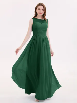Long Chiffon Gowns with Illusion Neckline-Dark Green