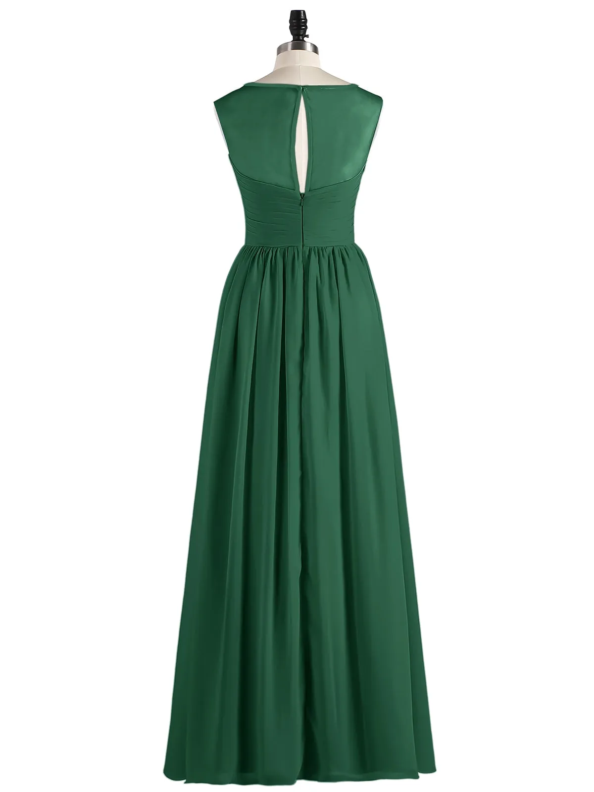 Long Chiffon Gowns with Illusion Neckline-Dark Green