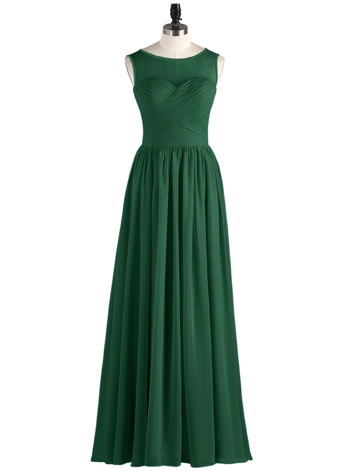 Long Chiffon Gowns with Illusion Neckline-Dark Green