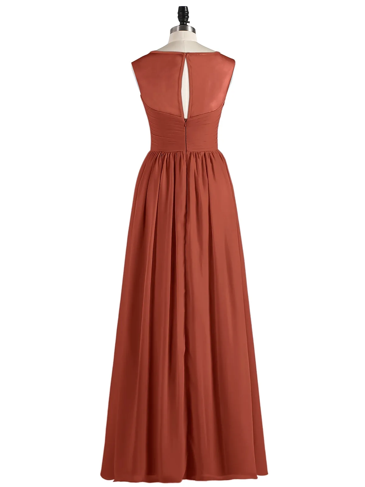 Long Chiffon Gowns with Illusion Neckline-Rust