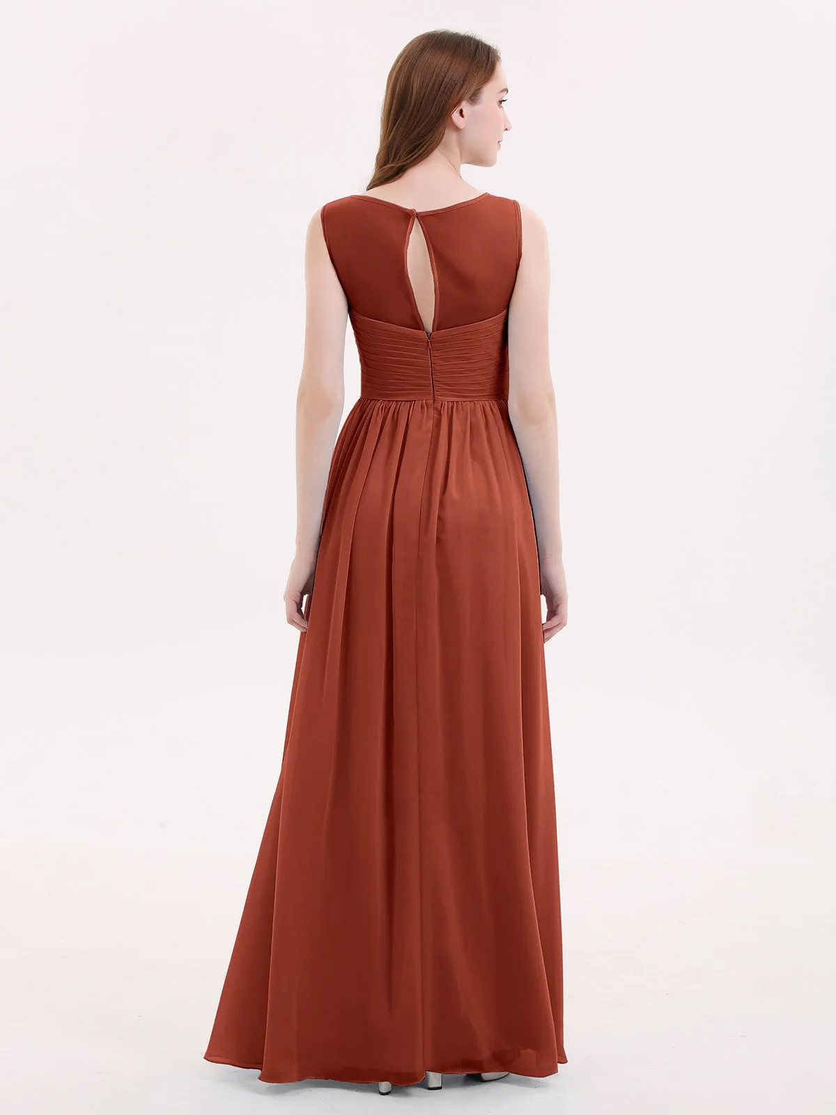 Long Chiffon Gowns with Illusion Neckline-Rust