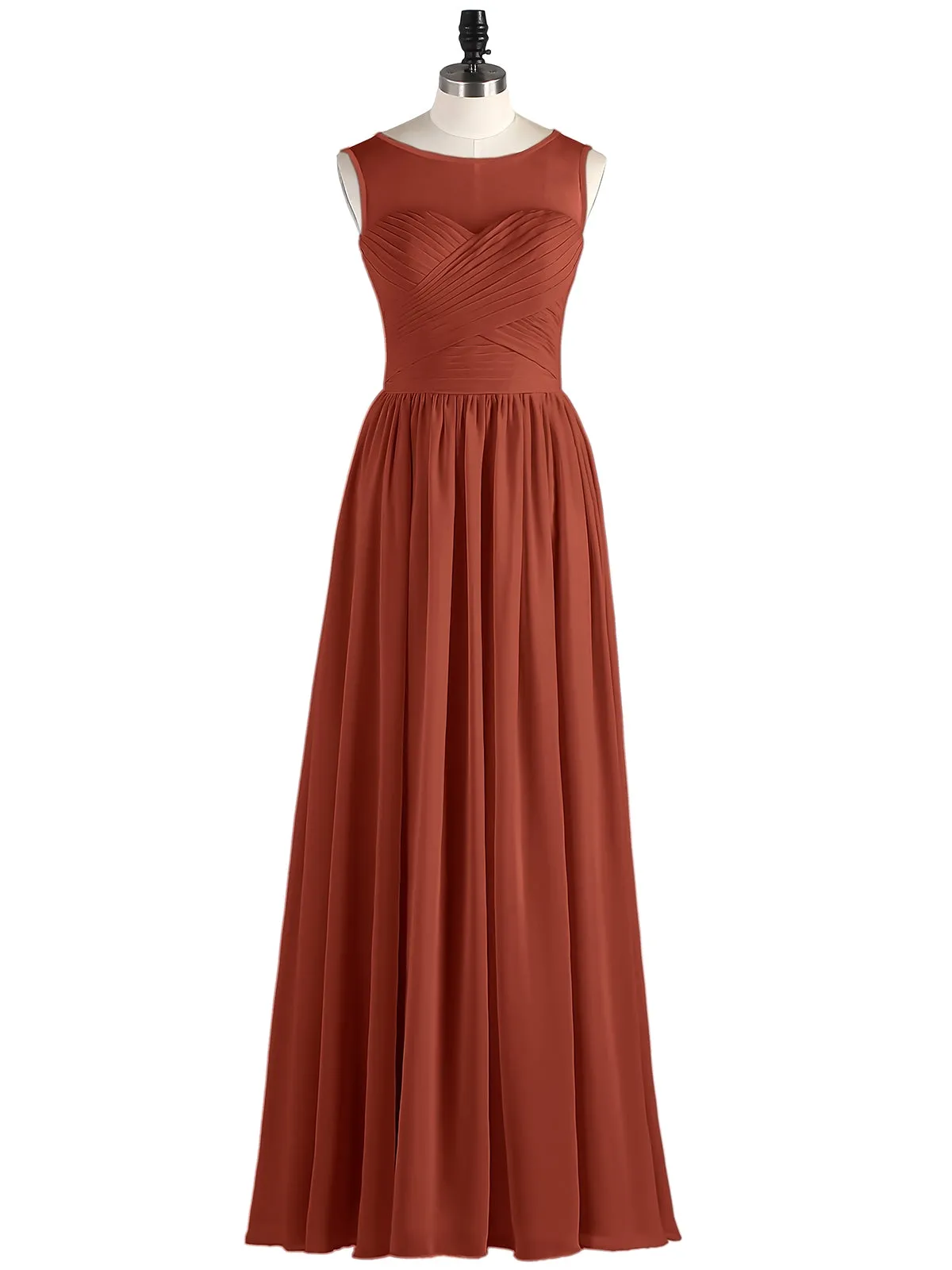 Long Chiffon Gowns with Illusion Neckline-Rust