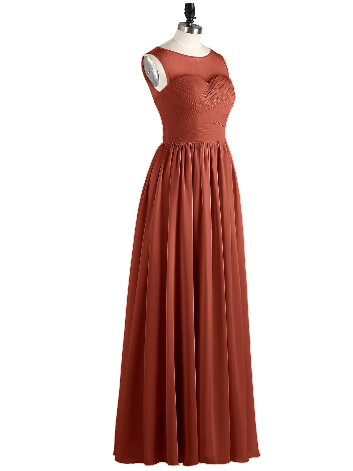 Long Chiffon Gowns with Illusion Neckline-Rust