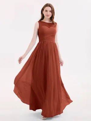 Long Chiffon Gowns with Illusion Neckline-Rust
