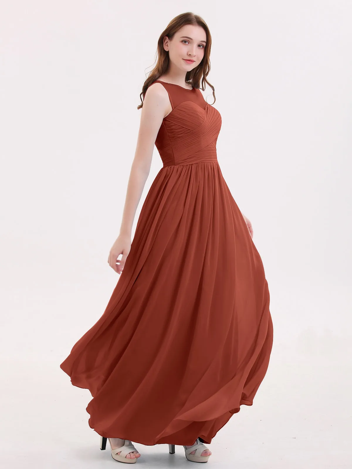 Long Chiffon Gowns with Illusion Neckline-Rust