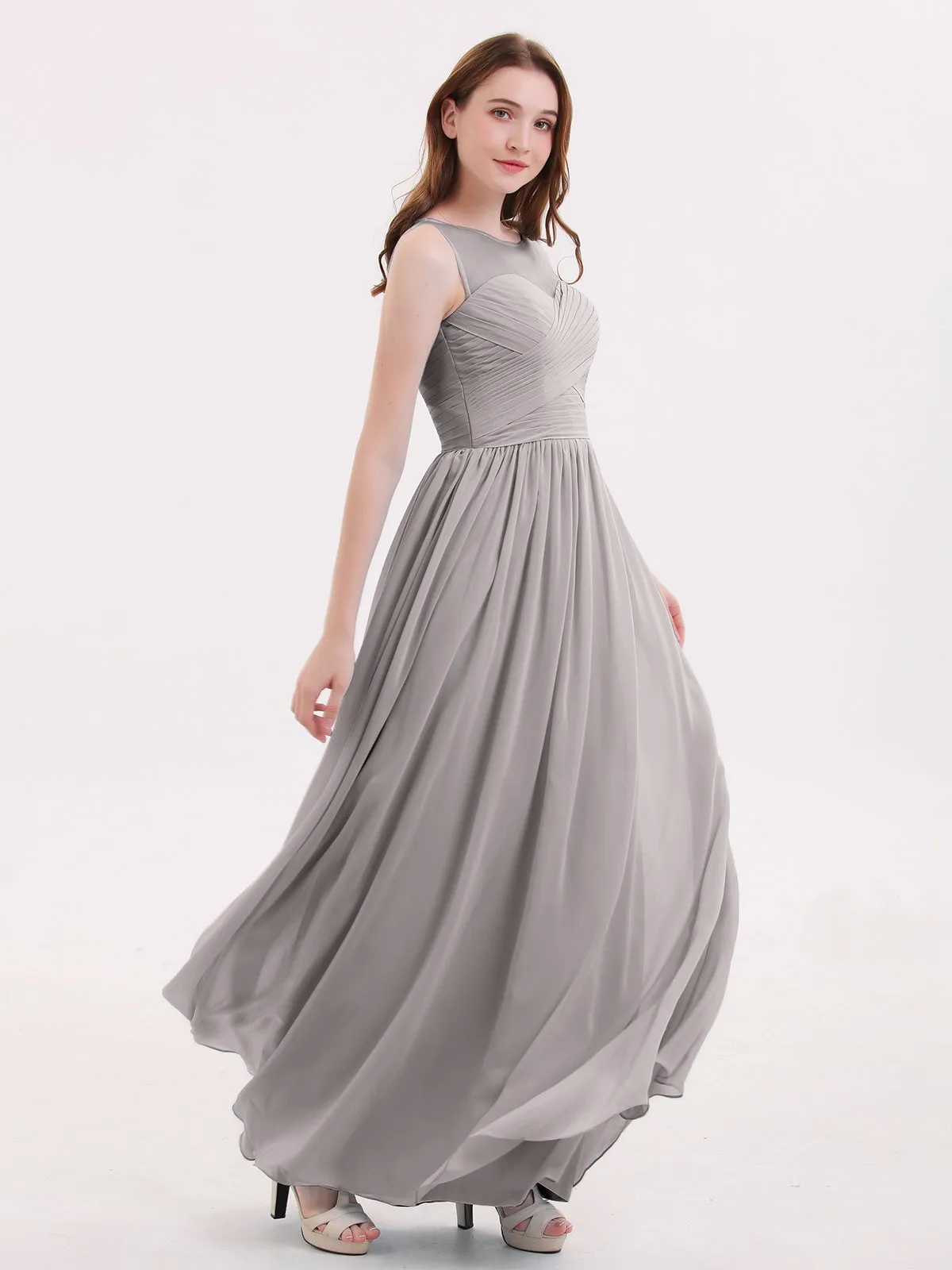 Long Chiffon Gowns with Illusion Neckline-Silver
