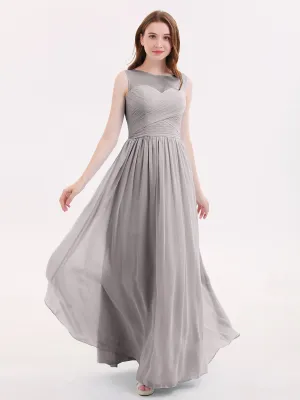 Long Chiffon Gowns with Illusion Neckline-Silver