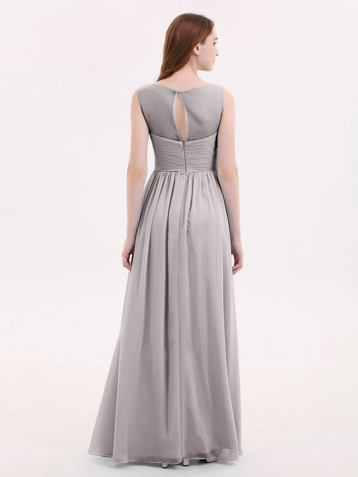Long Chiffon Gowns with Illusion Neckline-Silver
