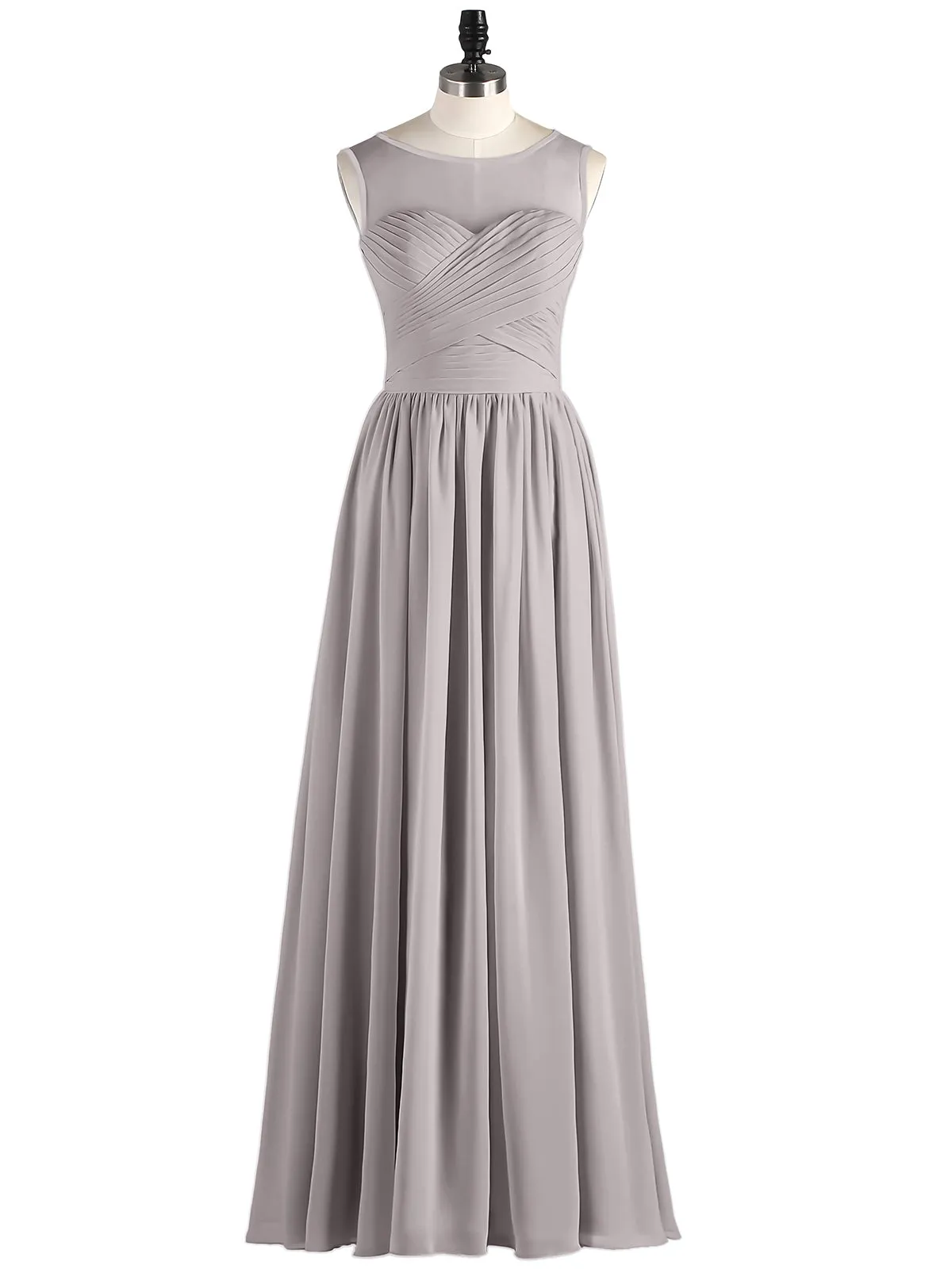 Long Chiffon Gowns with Illusion Neckline-Silver