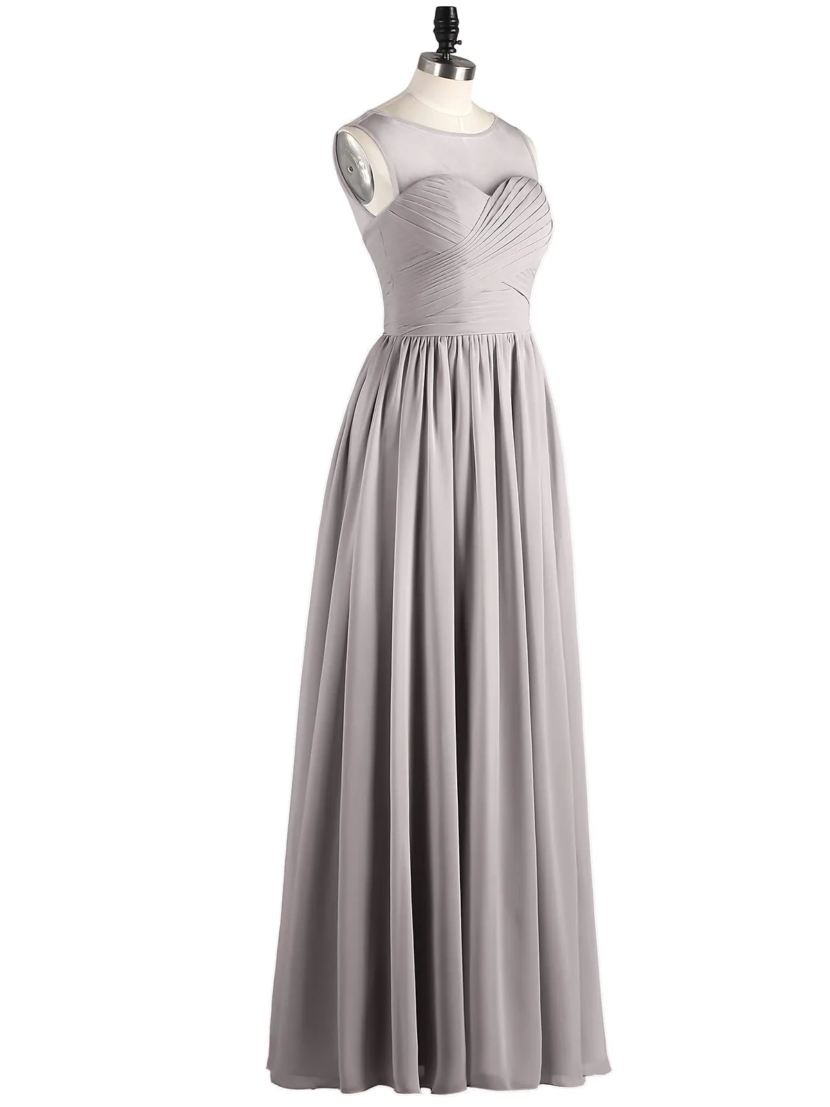 Long Chiffon Gowns with Illusion Neckline-Silver