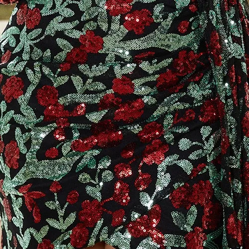NEW Floral pattern Sequins One Shoulder Lantern Sleeve Draped Mini Dress