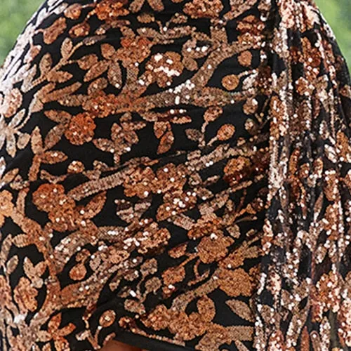 NEW Floral pattern Sequins One Shoulder Lantern Sleeve Draped Mini Dress