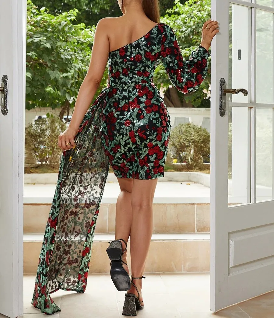 NEW Floral pattern Sequins One Shoulder Lantern Sleeve Draped Mini Dress