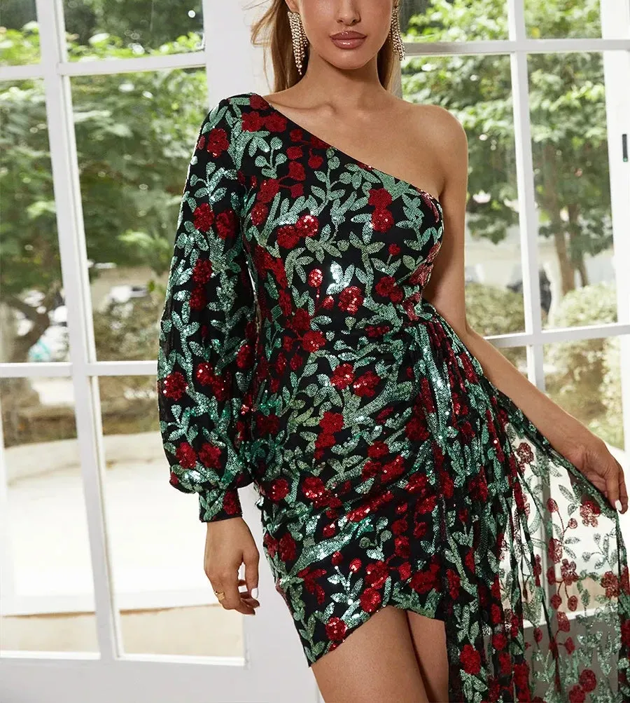 NEW Floral pattern Sequins One Shoulder Lantern Sleeve Draped Mini Dress