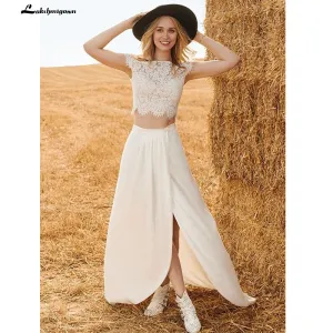 NumberSea Two pieces Lace Boho Wedding Dress 2021 Abito da Sposa Side Slit Princess Bridal Reception Gown Summer Beach Wedding Dresses