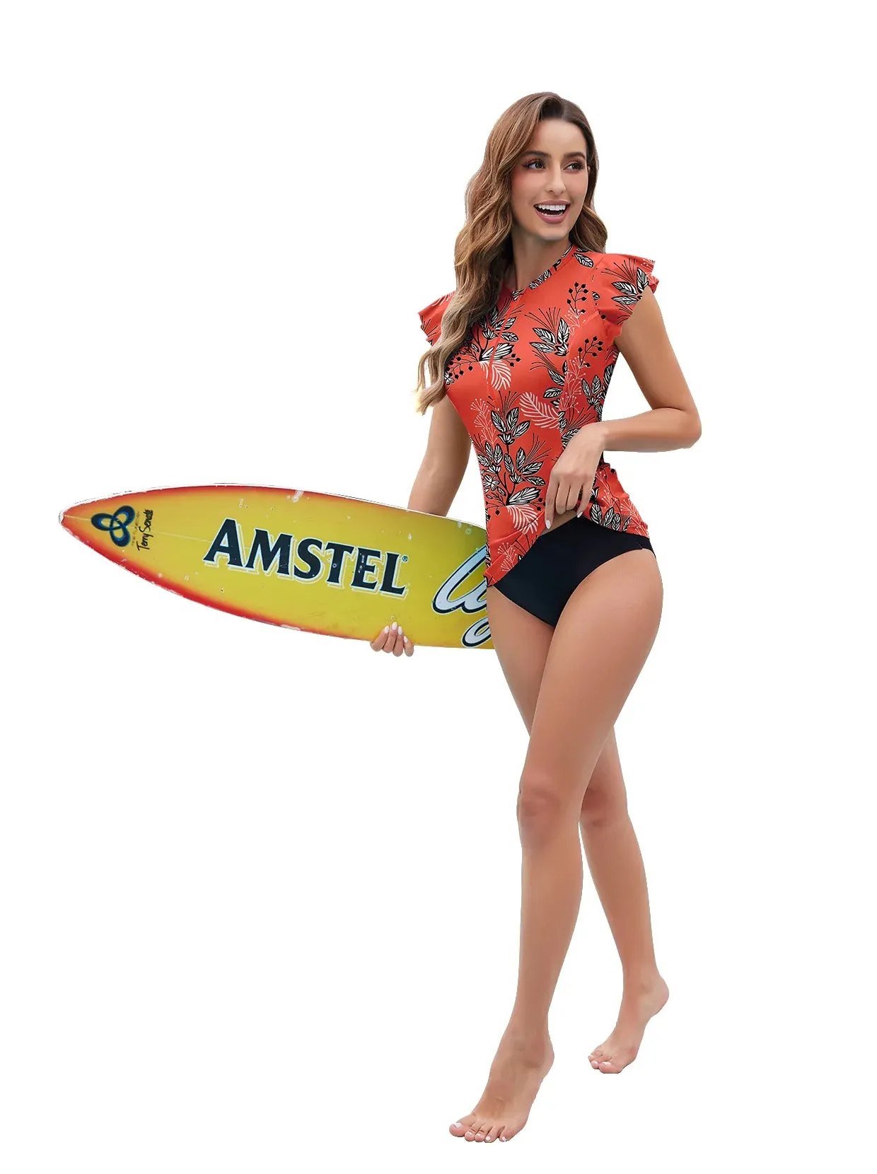 Orange Leaves Quartetzip Ruffled Sleeveless Rash Guard For Women