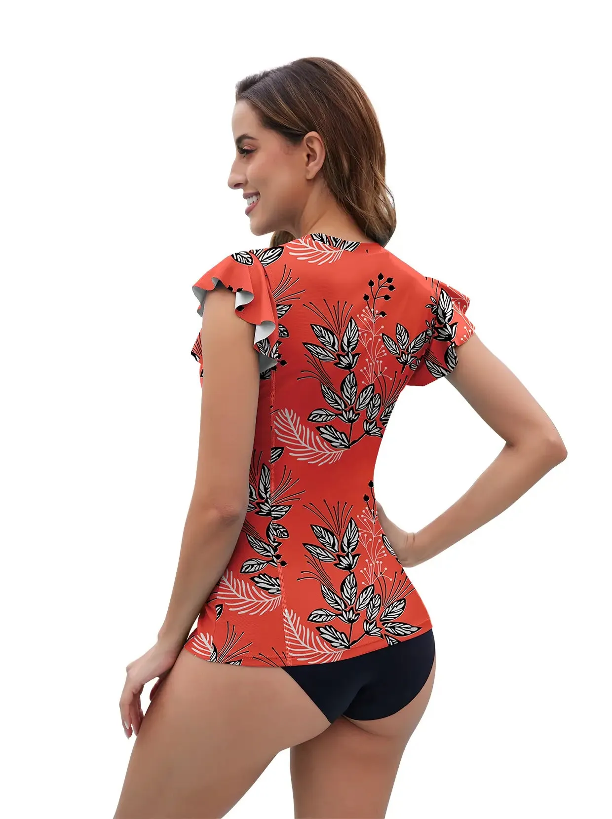 Orange Leaves Quartetzip Ruffled Sleeveless Rash Guard For Women